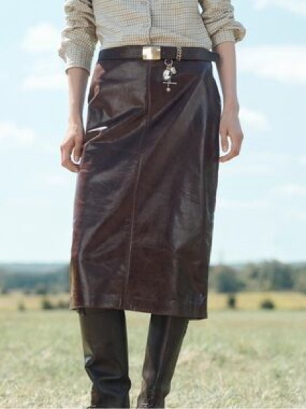 Zara Dark Brown Leather Midi Skirt